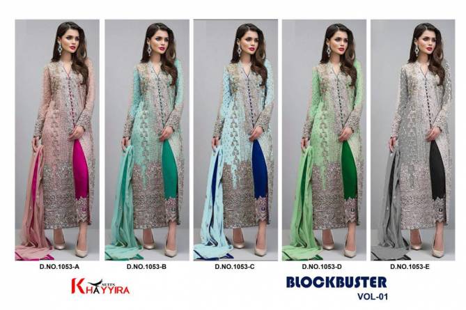 Khayyira Blockbuster 1053  Fancy Festive Wear  Series Faux Georgette With Heavy santoon silk  Embroidery Work  Salwar Suits